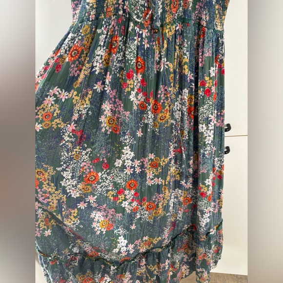 Vintage Multicolore Floral Green Midi Dress Large Slit Tied back Cottagecore - Picture 7 of 12
